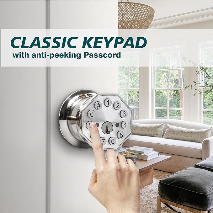 Smart Door Knob with Keypad and Key, Digital Door Lock with Keypad,Keyless Entry Door Lock,Electronic Door Lock with Handle for Home Bedroom Apartment Garage Office Security,Silver