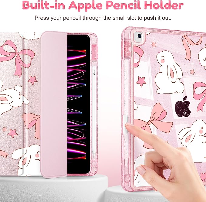 Case for iPad 9th/ 8th/ 7th Generation 10.2-Inch Case(2021/2020/2019 Release) Glitter Tablet Cases with Transparent Acrylic Back+Trifold Stand+Pencil Holder+Auto Wake/Sleep Bows-Stripe