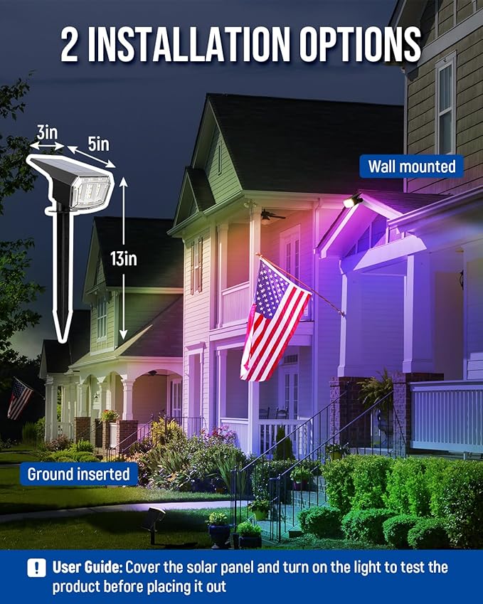 Solar Spot Lights Outdoor, 9 Lighting Modes RGB, Solar Lights Outdoor Waterproof IP65, 63 LED Landscape Spotlights for Holiday Decorations