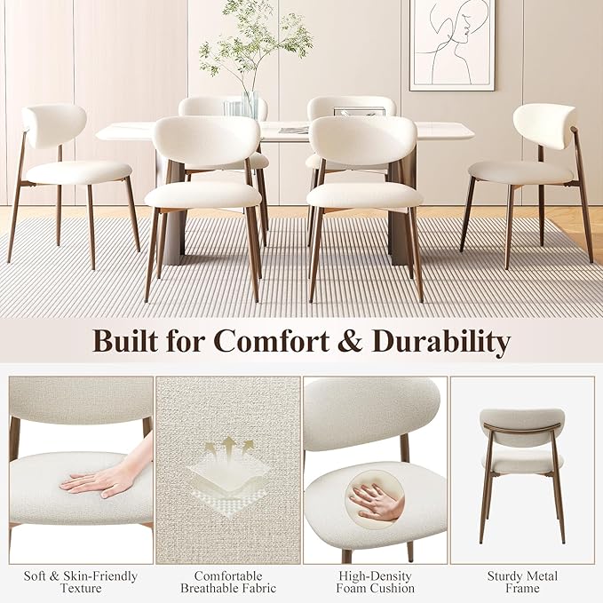 Dining Chairs Set of 2, Upholstered Dining Room Chairs with Metal Legs and Anti Slip Pads, Curved Back Kitchen Chair for Home and Restaurant Use, Beige