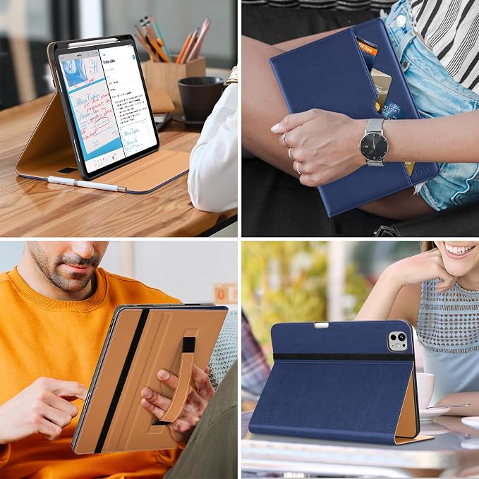 DTTO for iPad Pro 13 Inch Case (M5) 2025 / (M4) 2024 Brown | Premium Leather Business Cover with Pencil Holder Hand Strap &amp Pocket Corner Protection Auto Sleep/Wake Multiple Angles
