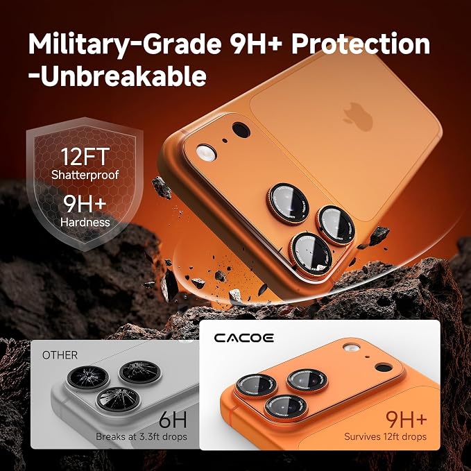 CACOE Metal Camera Lens Protector for iPhone 16Pro/16ProMax/14Pro/14ProMax | 9H Tempered Glass Aluminum Frame HD Clarity Scratch-Resistant Camera Screen Protector Cover Accessories Black