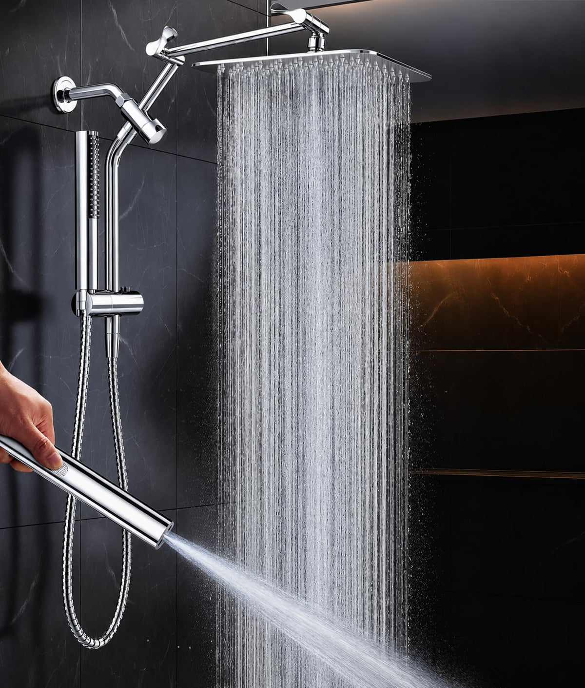 Veken All Metal 10" Shower Head with Handheld, Luxurious Square Double Rain Shower Heads with Spray Combo, Dual High Pressure Detachable Rainfall Showerhead with Extension Arm, Long Hose,Chrome,Sliver