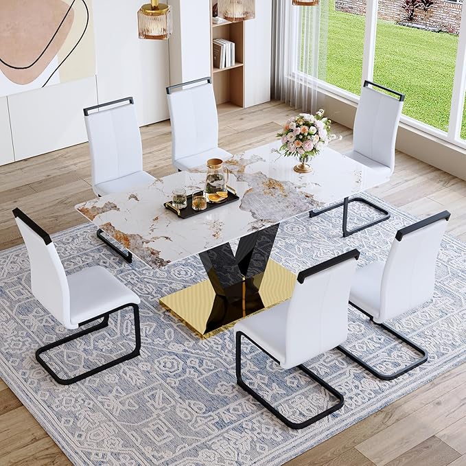 71'' Dining Table Set for 6,Modern Dining Room Table Set for 6,Marble Dining Table with 6 PU Leather Dining Chairs,Gold Dining Room Table with Glossy V-Shaped Base Ideal for Kitchen