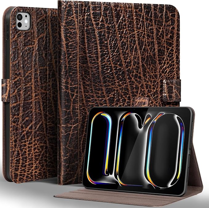 Gexmil Leather Case for iPad Pro 13 Inch M5/M4 2025/2024Crocodile Brown | Genuine Leather Cover with Magnetic ClosureSmart Folio Auto Sleep/WakeProtective ShockproofAdjustable Stand