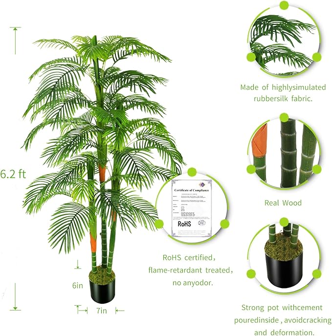 6ft Artificial Golden Cane Palm Tree(72in) with 3 Trunks Faux Tree and Plastic Nursery Pot, Fake Plant for Office House Farmhouse Living Room Home Decor (Indoor/Outdoor)