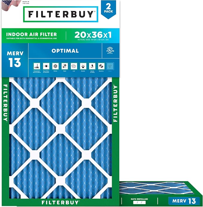 Filterbuy 20x36x1 Air Filter MERV 13 Optimal Smoke & Allergy Defense,