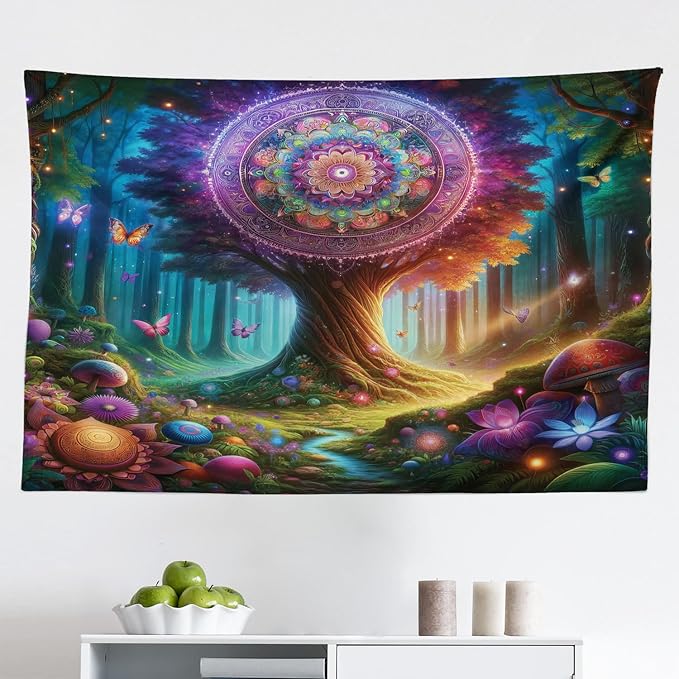 Ambesonne Nature Tapestry, Wonderland Forest Tree Trippy Mandala Floral with Butterfly Ensemble Dream, Fabric Wall Hanging Decor for Bedroom Living Room Dorm, 45" X 30", Indigo Green Aqua