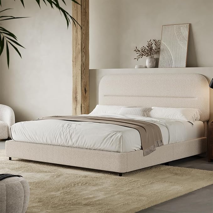 HOMBCK Queen Bed Frame with Headboard, Boucle Upholstered Soft Platform Bed Frame with Thickened Footboard, Rounded Corners Design, No Box Spring Required, Easy Assembly, Cream