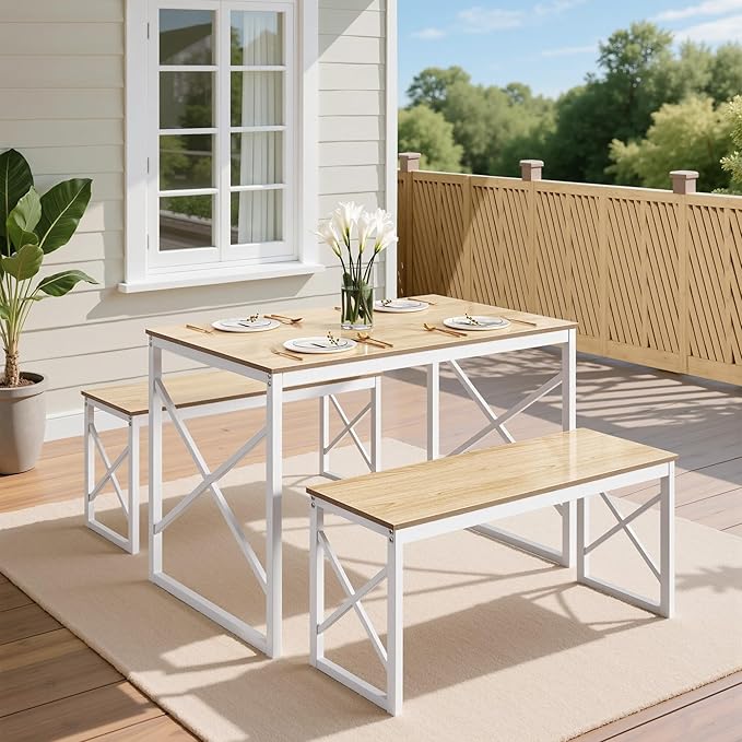 VECELO Kitchen Dining Table Benches Set for 4, 43.3" Wooden Dinette with 2 Benches, Heavy-Duty Dining Room Table for Small Space, Breakfast Nook, Natural Oak