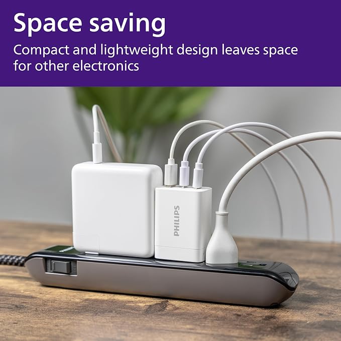 Philips iPhone Charger Fast Charging 65W USB C Charger 3-Port GaN USB C | Charger Block with USB A and USB C Foldable Fast Wall Charger for iPhone 16 Series 15 Series iPad Pro White DLP3653W/37