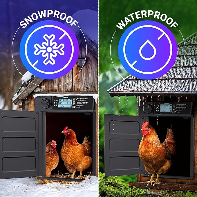 Okköbi Automatic Chicken Coop Door PRO - Light Sensor & Timer - Anti-Pinch Function - Wide Opening - New Model - Solar Powered with LCD Display - 5 Year Protection