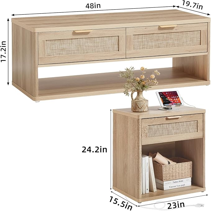 LEYAOYAO Boho Rattan Coffee Table Sets 3 Pieces, Nightstand with Charging Station and Coffee Table with Hidden Storage Compartment, Natural Living Room Table Set, Wood Furniture Sets for Home Office