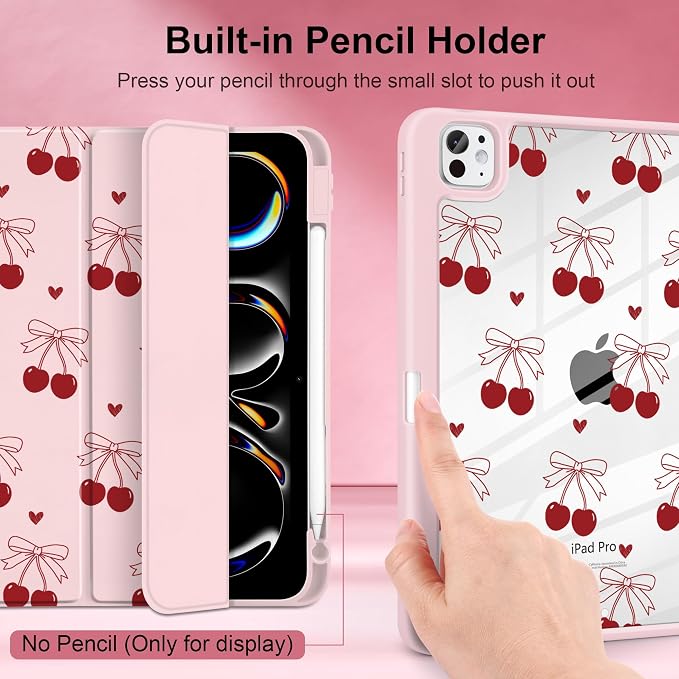 DONGKE for iPad Pro 11-Inch Case (M5 2025 / M4 2024) 6th/5th Generation [Auto Sleep/Wake &amp Pencil Pro Holder] Clear Acrylic Back Smart Trifold Stand Cover Bear &amp Cherry