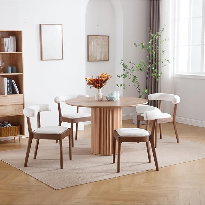 Kmax Dining Room Chairs Mid-Century Modern Fabric Kitchen Chairs with Natural Walnut Finished Frame, Linen Curved Back, Set of 2, White