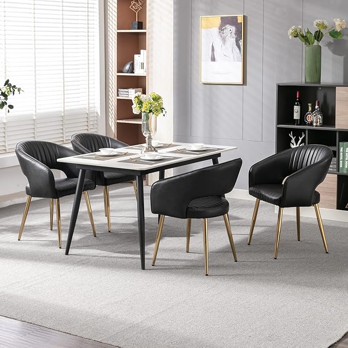 Modern Dining Chairs Set of 4, Upholstered PU Leather Gold Dining Room Chairs with Hollow Back, Accent Armrest Kitchen Chairs with Gold Legs for Living Room Black