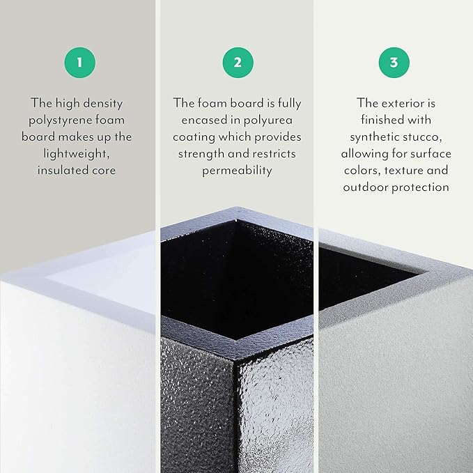 PolyStone Monterray Modern Outdoor/Indoor Square Planter, 23" L x 23" W x 19" H, Lightweight, Heavy Duty, Weather Resistant, Polymer Finish, Commercial Grade and Residential (White Granite)