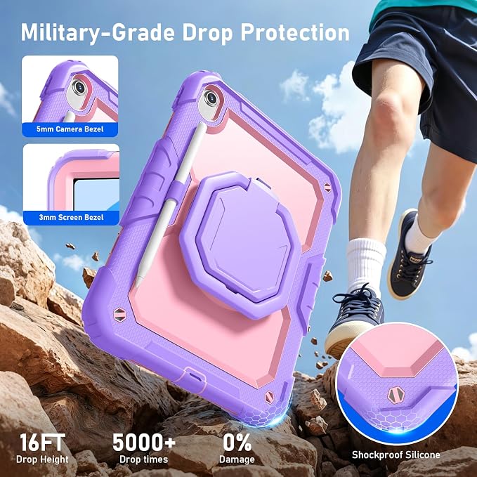 Case for iPad (A16) 11th/10th Generation 11/10.9 2025/2022 Black | Full-body Heavy Duty iPad A16 Case for Adults Kids with Screen Protector 360° Rotating Stand Shoulder Strap Pencil Holder