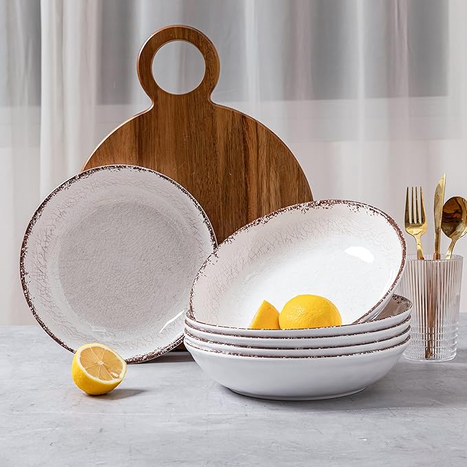LEHAHA Farmhouse Pasta Bowls, Set of 6, White Melamine Rustic 42 oz Shallow Bowl, Large Salad Bowl, Deep Pasta plate, Dishwasher Safe Serving Bowls.…