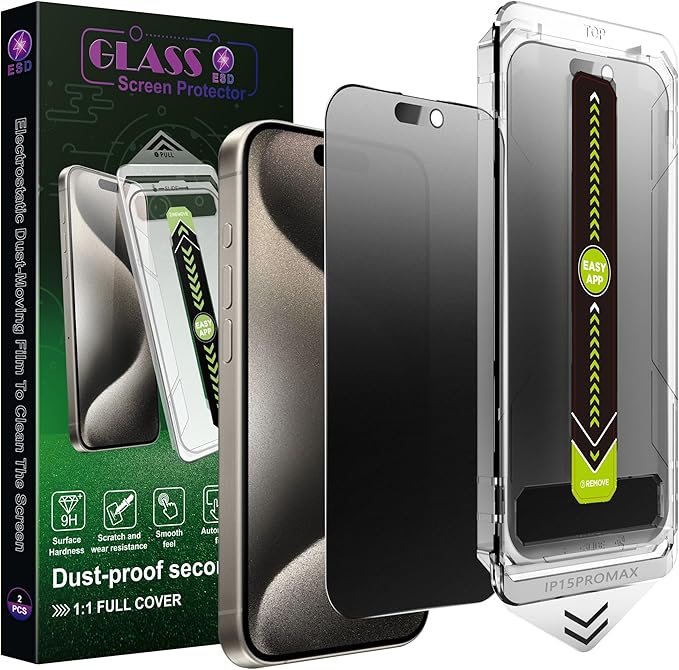(2-Pack Matte Privacy Anti-Spy Screen Protector for iPhone 15 Pro Max (6.7-Inch),9H Tempered Glass,Anti-Glare,Full Coverage,Anti-Fingerprint,Auto Dust Removal,Bubble-Free