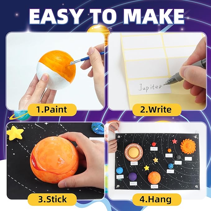 Solar System Project Kit for Kids, Solar System Model Toy Kit for Kids, Learn School Space Planet Science Project of Mix Foam Balls, Planet Felt Board, Brushes, Adhesive Hooks, Instruction