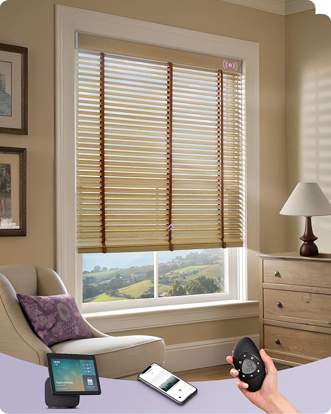 Graywind Motorized Bamboo Blinds 90% Blackout Smart Electric Horizontal Blind Remote Rechargeable for Smart Home Office, Custom Size (Bamboo)