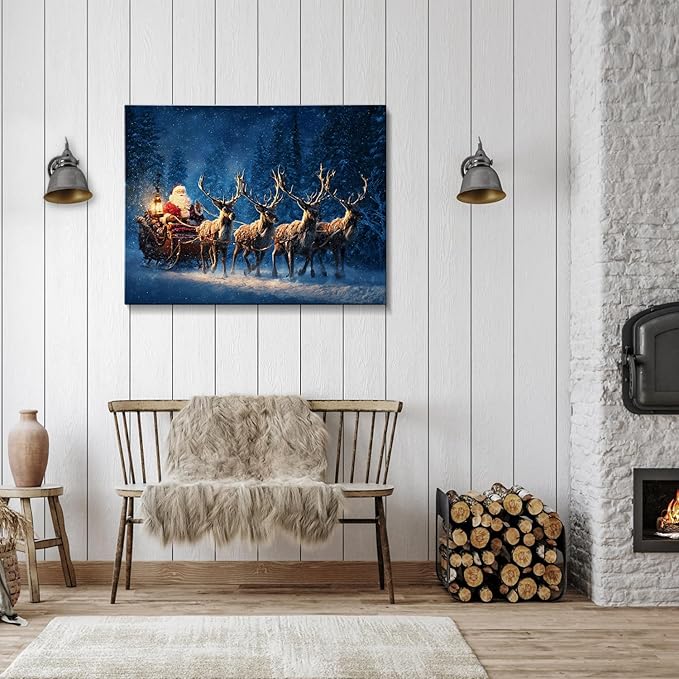 Vintage Santa's Sleigh Christmas Canvas Wall Art - Festive Winter Journey Framed Print for Bedroom Decor, Rustic Christmas Wall Art with Wood Frame, Ideal Christmas Gifts & Cozy Holiday Decorations