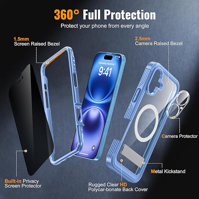 360° Protection Magnetic for iPhone 16 Case Built-in 9H Privacy Screen Protector & Metal Stand[Fit for Magsafe][Anti-Spy][Lens Protector] Heavy Duty Shockproof Phone Case for iPhone 16(Blue)