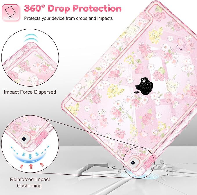 Mektron Sparkly Case for iPad 10.2 inch Glitter Tablet Cases for iPad 9th Gen 2021/8th Gen 2020/7th Gen 2019 Cover with Shiny Clear Back Shell Foldable Bling Smart Cover Blue Floral
