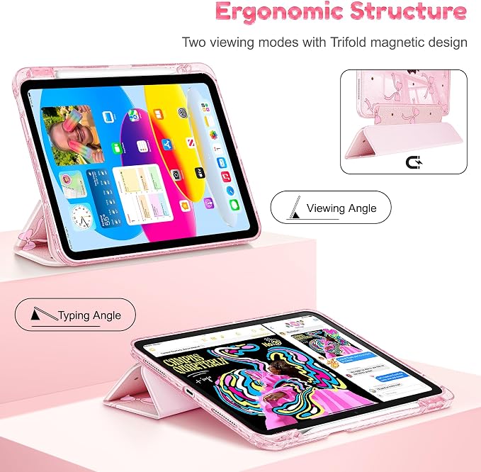 for iPad Air 11 inch M4/M3/M2 (2026/2025/2024) iPad Air 5th/4th Gen (2022/2020) 10.9 inch with Pencil Holder Glitter Clear Pretevtive Cover Auto Wake/Sleep Black Cartoon Stickers