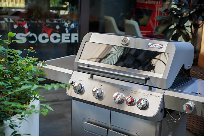 Monument Grills Outdoor Barbecue Stainless Steel 4 Burner Propane Gas Grill, 62,000 BTU Patio Garden Barbecue Grill with Side Burner, Infrared Technology and Knob Controls, Mesa415BZ with BBQ Cover