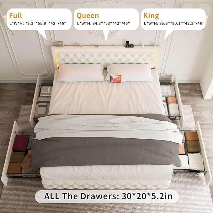 Queen Bed Frame with 4 Storage Drawers, Velvet Upholstered Bed Frame Queen Size with Charging Station and LED Lights, 46" Adjustable Button Tufted Headboard, No Box Spring Needed, Beige
