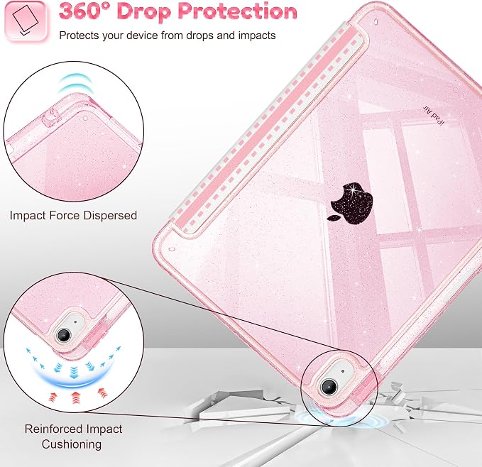 for iPad Air 11 inch M4/M3/M2 (2026/2025/2024) iPad Air 5th/4th Gen (2022/2020) 10.9 inch with Pencil Holder Glitter Clear Pretevtive Cover Auto Wake/Sleep Black Cartoon Stickers