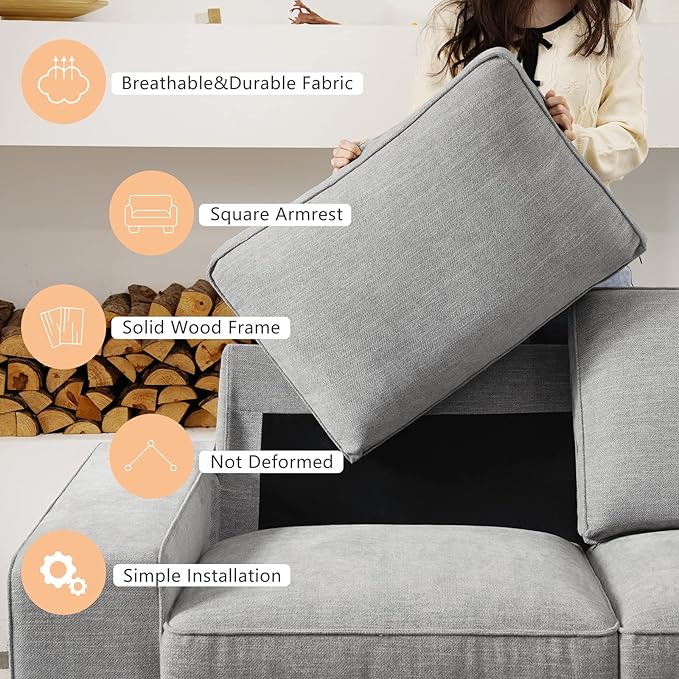 LEISLAND 71.25" Modern Sofas for Living Room, Chenille Loveseat Couch with Solid Wood, Metal, Square Arm and Removable Cover, Small Sofas Couches for Small Spaces, Easy to Install(Light Grey)