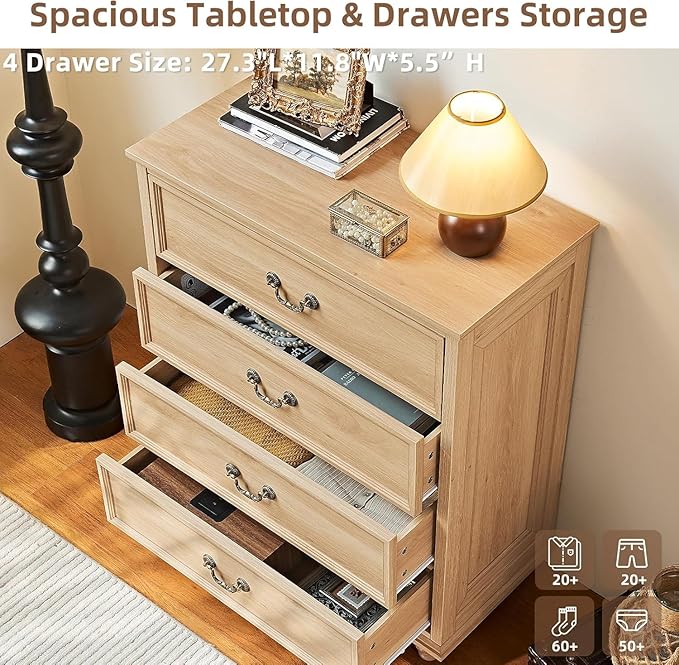 24" Wide Farmhouse Nightstand with Charging Station Set of 2, 37" Tall Rustic Chests of Drawers w/ 4 Solid Wood Feet, Farmhouse Furniture Series for Living Room,Bedroom,Wood