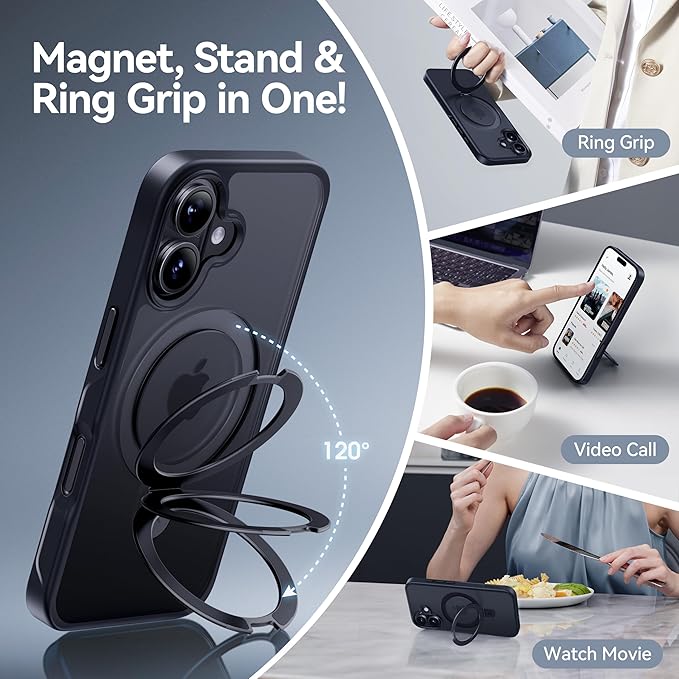 CASEKOO Designed for iPhone 16 Plus Case with Magnetic Invisible Stand [Military Drop Protection] [Compatible with MagSafe] Shockproof Slim Translucent Matte Case 6.7 Inch, Black