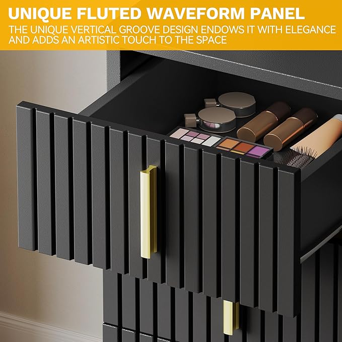 YITAHOME Vanity Desk with Mirror and Power Outlet, Fluted Vanity Table Set with Hidden Jewelry Storage, Big Makeup Desk with 4 Drawers, Black Dressing Table with Cushion Stool, 3 Lighting Color Modes