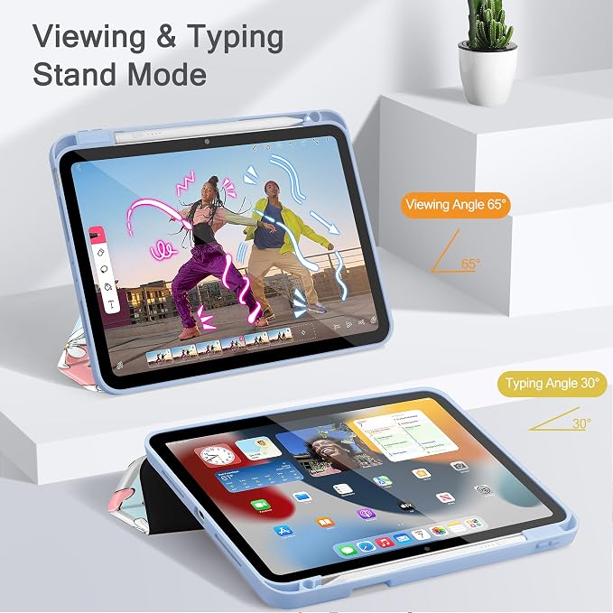 May Chen Case for iPad 12.9 Inch (6th/5th/4th/3rd Generation 2022/2021/2020/2018) Pencel Holder + Trifold Support Auto Sleep/Wake Transparent Shockproof Back Cover Blue Bows