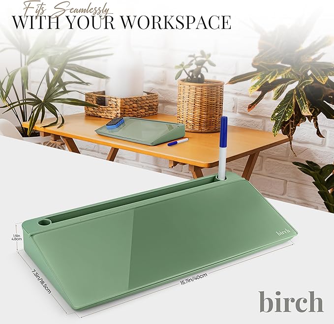 Birch Small Desktop Whiteboard – Glass Dry Erase Board Desk Pad Keyboard Stand with Storage Compartment 3 Markers & Marker Holder – Perfect for Office, Home, & School (Moss)