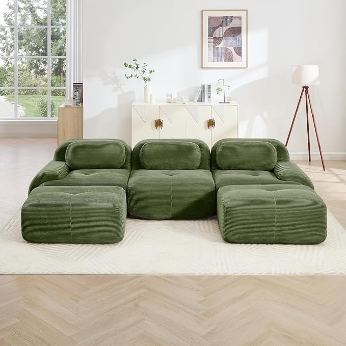 116" Modern Compressed Boneless Couch with Ottoman, 3 Seater Large U Shaped Sectional Couches for Living Room, Green Corduroy Cloud Modular Sectional Sofa, Memory Foam, Extra Deep, No Assembly