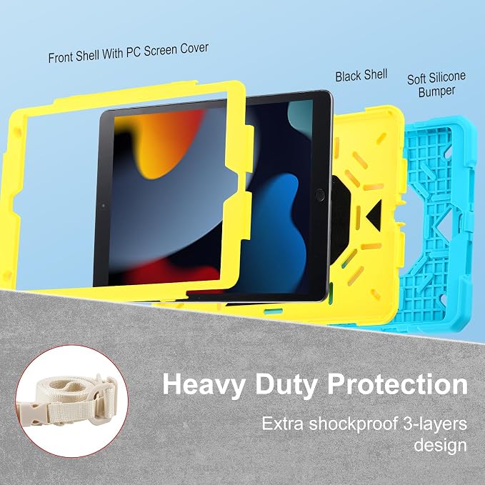 Case for iPad 9th Generation (2021) /iPad 8th Gen (2020)/iPad 7th Gen (2019) Military Grade Shockproof iPad Case Built-in 360°Rotating Stand/Pen Slot/Shoulder Strap for iPad 10.2 (Black)