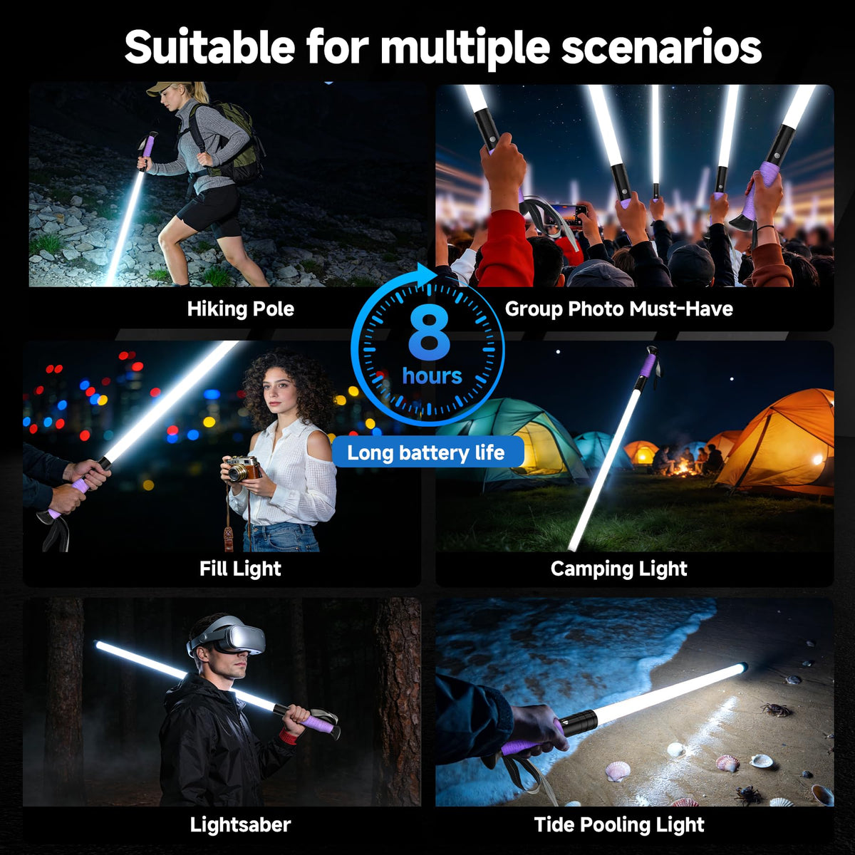 LED Illuminated Hard Hiking Poles, Lighting Tools and Warning Functions, USB Charging, 8-Hour Battery Life, IP55 Waterproof