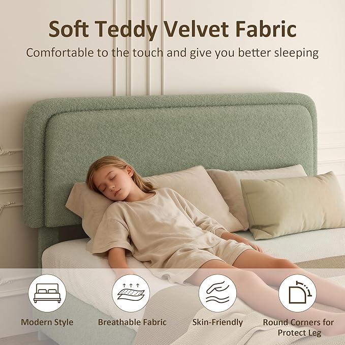 King Bed Frame, Teddy Velvet Boucle Bed Frame with 43.3"/45.3" Adjustable Upholstered Headboard, Rounded Corners, Mattress Foundation, No Box Spring Required, Green