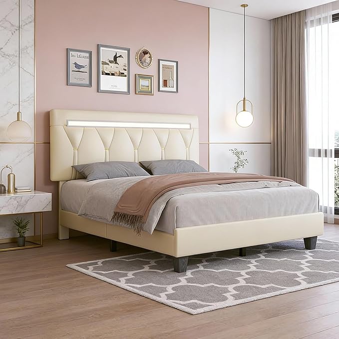 Queen Size Bed Frame with LED Lights and Charging Station, Faux Leather Linen Fabric Adjustable Headboard,Modern Upholstered Bed, Sturdy Wood Slat Support, Easy Assemble, Beige
