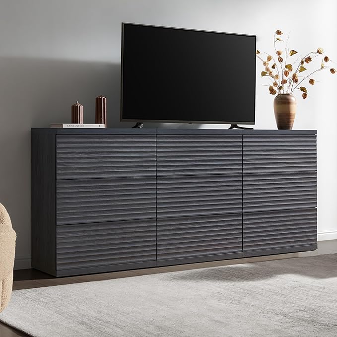 SICOTAS Sideboard Buffet Liquor Cabinet with Storage, Modern Fluted Credenza Coffee Bar Storage Cabinet with Larger Drawers, Mid Century Media Console for Kitchen Hallway, Dark Grey Alder (3 PCS)