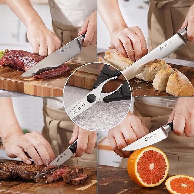 ZUNMARK Kitchen Knife Set, Professional 13 Piece Knife Set with Block and Sharpener, Sharp Chef Knife Set, Ideal for Home