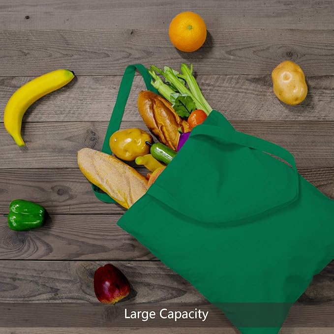 TOPDesign 24-Pack Economical 16"x15" Kelly Green Cotton Tote Bag, Lightweight Medium Reusable Grocery Shopping Cloth Bags, Suitable for DIY, Advertising, Promotion, Gift, Activity