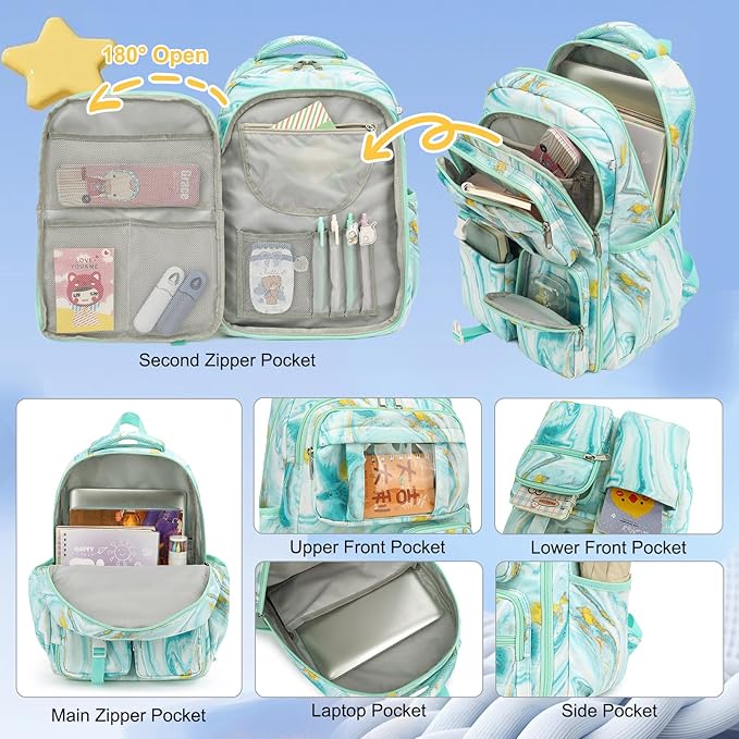 Girls School Backpack Set - Teens Kids School Bag Bookbag with Lunch Box Pencil Case for Elementary Middle School (Turquoise Marble)