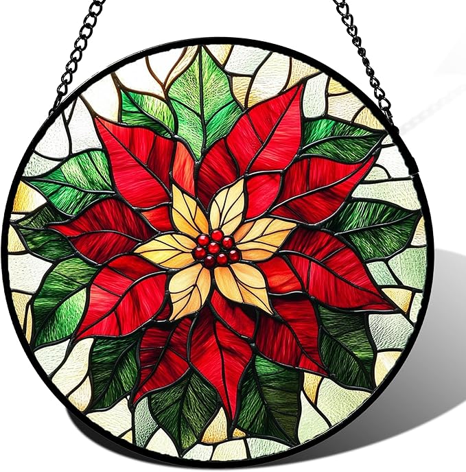 Stained Glass Window Hanging - Red Poinsettia Birth Flower Sun Catcher for Door Garden Home Decor Suncatcher Christmas Mother's Day Birthday Gifts for Women Men Mom Girl Nana Friend 6.3 in