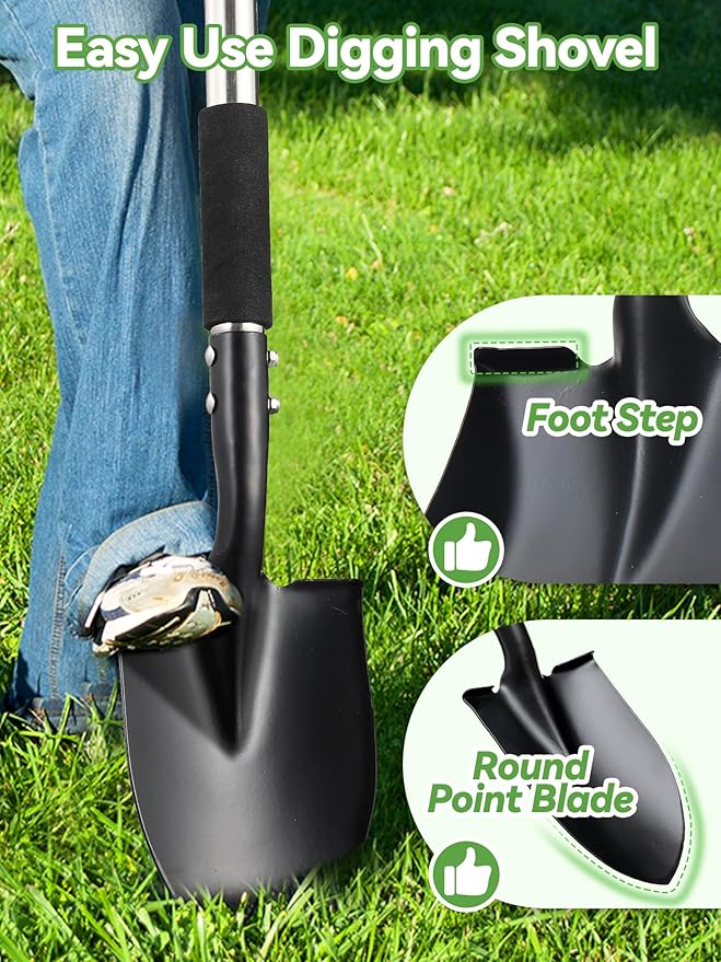 Shovel, 31 inch Small Shovels for Digging Gardening, Camping, Off Road Car Snow Removal Tools, Heavy Duty Short Metal Garden Shovel with Round Point Blade, D-Handle Grip, Footstep, Kids Mini Spade